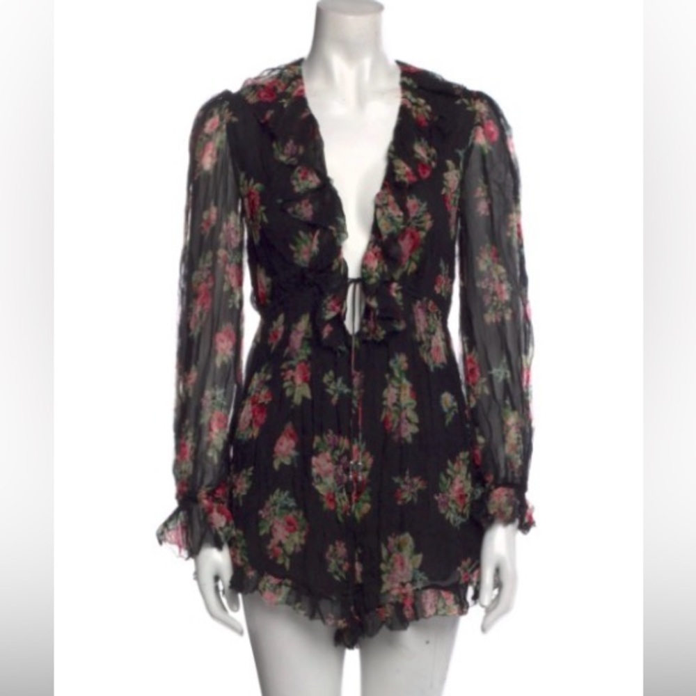 Zimmermann Black Silk Floral Romper with Sheer Details